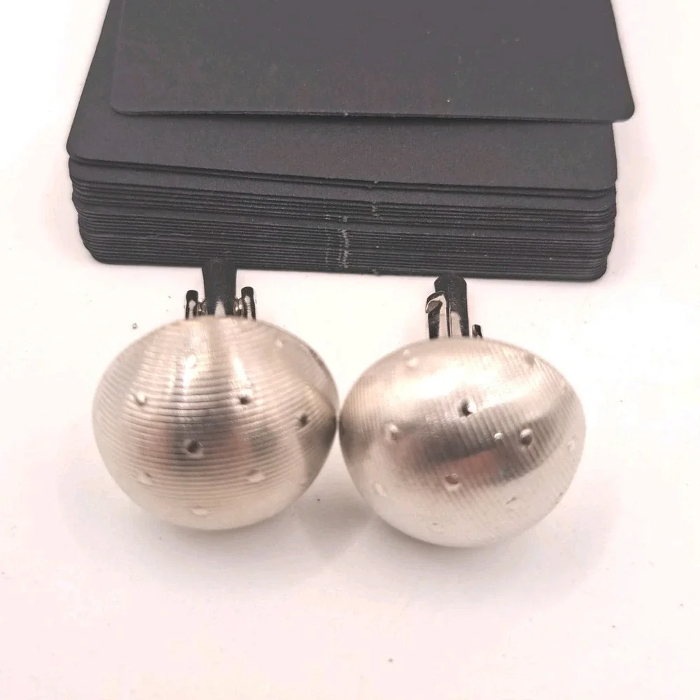 Vintage Silver Tone Textured Dome Clip On Earrings Studded Orb Button Retro